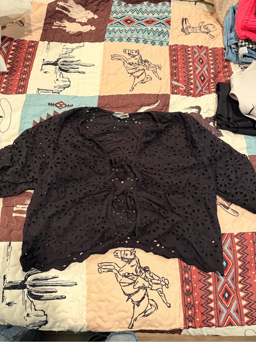Black Eyelet Tie-Front Women’s Top